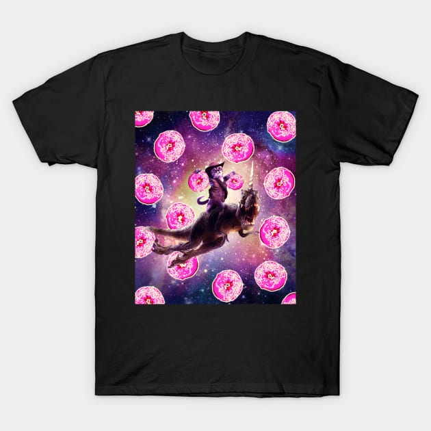 Cowboy Space Cat On Dinosaur Unicorn - Donut T-Shirt by Random Galaxy